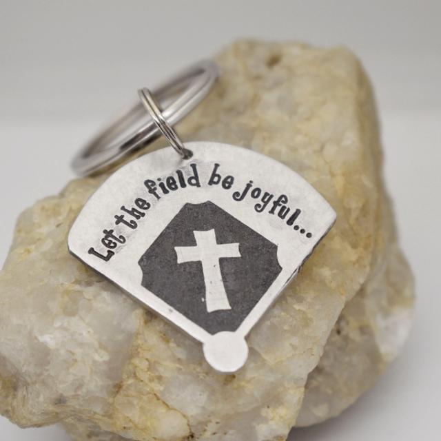 Let the fields be Joyful Baseball Softball Homeplate Cross Aluminum Etched Keychain